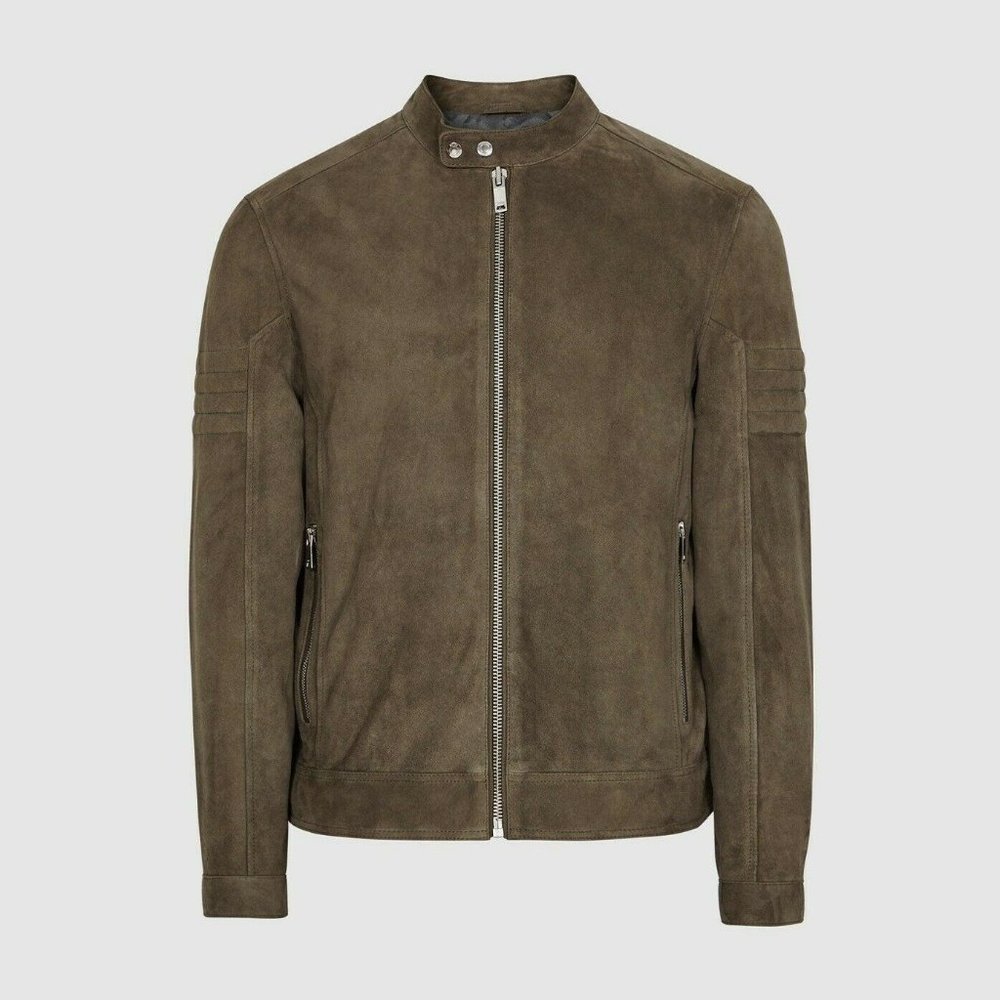 Reiss Men's Marko Suede Cafe Racer Jacket Mushroom Silver Size Small NWT